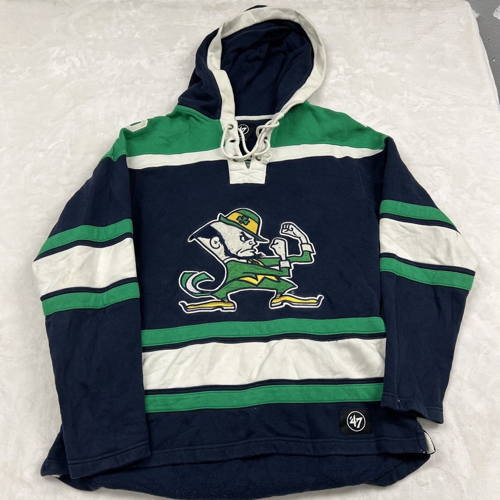 '47 Notre Dame Fighting Irish Hoodie Mens Medium Navy Green Lace Up Rugby Stripe